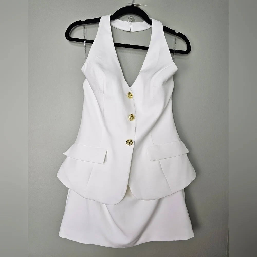 RARE LONDON White Tailored Halterneck Waistcoat Mini Dress, Size US 6 (UK 10)